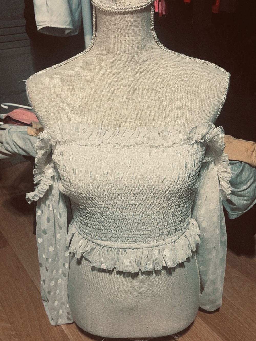 White Polka Dot Smocked Off-Shoulder Crop Top